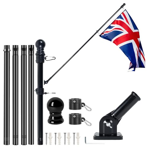 GIOTUK 6FT Flag Pole Kit for Outside House with Bracket, Heavy Duty Stainless Steel Metal Flagpole Set, Adjustable Garden Yard Outdoor Wall Mount Flag Pole with Union Jack UK Flag(5ft x 3ft), Black