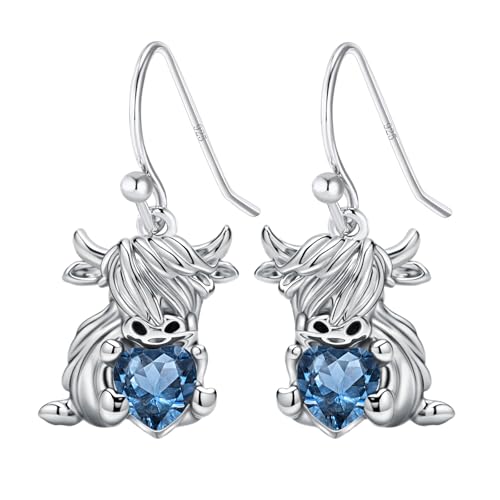 Highland Cow Earrings 925 Sterling Silver Hypoallergenic Scottish Hyland Cow Dangle Earrings Highland Cow Created Blue Crystal Jewelry Gifts for Women Mother Wife Girlfriend Her