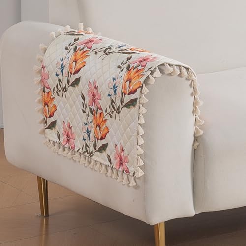 Image of HOKIPO Painterly Floral Quilted Sofa Armrest Cover Mat - 1 Pair | 'Tassel Twigs' Series (IN-987-T8*2)