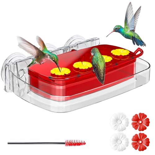 HCGADON Window Hummingbird Feeder with Strong Suction Cup Plastic Hummingbird Feeders for Outdoors Built-in Moat Easy to Clean and Refil (10oz) (1 Red)