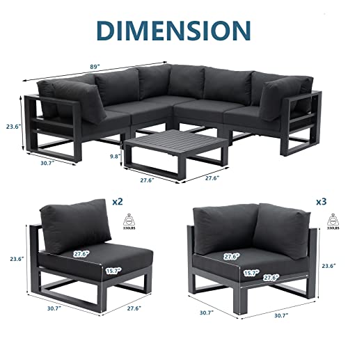 Lebenliebe 7 Pieces Patio Furniture Set Outdoor Aluminum Sectional Sofa Couch With Square Coffee Table All-Weather Conversation Set With Upgraded Dark Grey Cushions #TOP4
