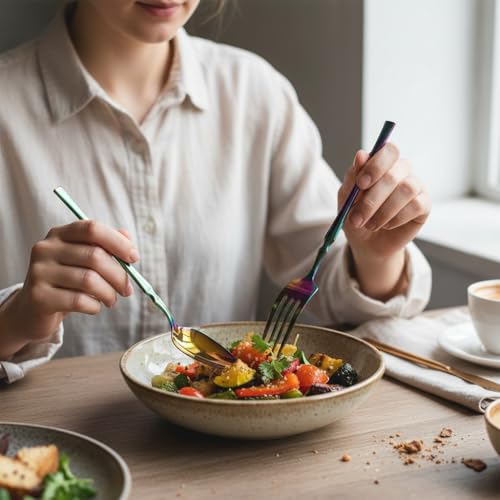 Image of 8 Pcs Rainbow Slim Handle Stainless Steel Cutlery Set for Dining Table with Spoons and Forks Set + Butterknives - The Perfect Tableware /Flatware