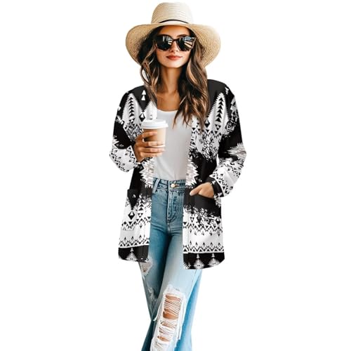 Image of Women's Aztec Open-Front Jacket Lightweight Casual Outerwear Native Western Aztec Pattern & Plaid Houndstooth Print