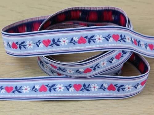 26mm Woven Heart & Flower Jacquard Braid Trimming Sky Blue & Pink - per metre