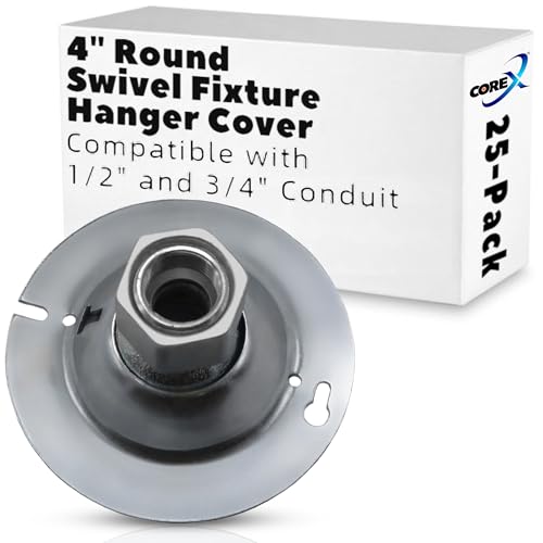 COREX 25-Pack 4" Round Swivel Fixture Hanger Cover for Round Electrical Boxes - Fits 1/2" and 3/4" Threaded Nipple and Conduit - Malleable Iron Swivel Hub with Steel Cover and Reducing Bushing