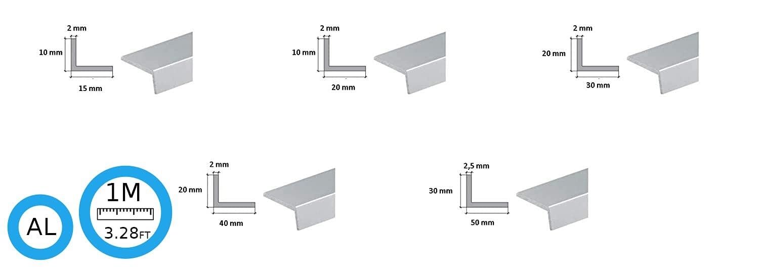 Perfil angular de aluminio 1 metro (39,37 pulgadas) igual y desigual 10x10mm - extruido para bricolaje, construcción, marcos(30x30x2)