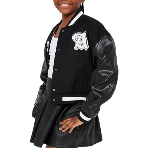 Trifoliate Girls Black Varsity Jacket Lightweight Wool Faux Leather Embroidery LA Heart Wings School Wear2
