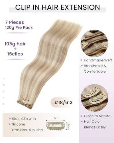 Image of LaaVoo Clip In Hair Extensions, For Special Occasion, 20 Inch | Blonde With Layered Highlights, 120g 7pcs, Clip On Extensions Human Hair, Smooth, Natural Shine