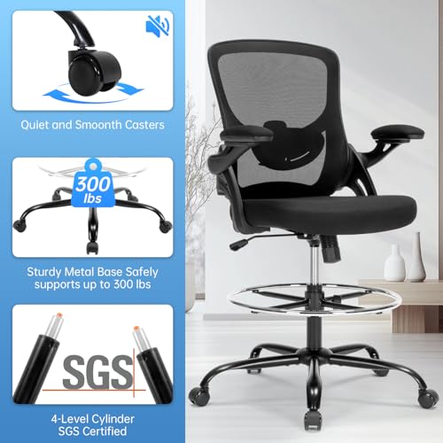 Image of Drafting Chair Ergonomic Comuputer Standing Desk Chair with Flip-Up Arms and Lumbar Support, Tall Office Chair with Adjustable Footrest, Stool Counter Height Office Chairs Black
