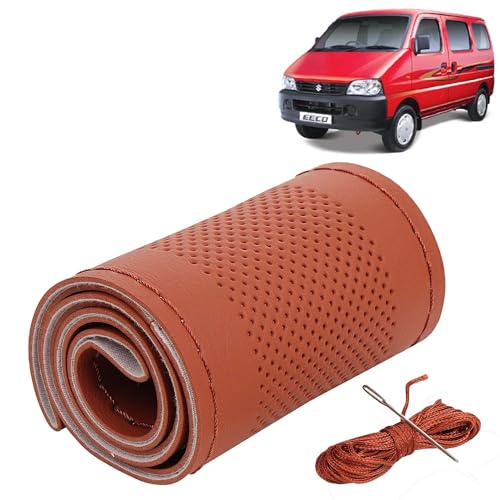Image of KINGSWAY PU Leatherite Car Steering Cover Sewable Compatible with Maruti Suzuki Eeco (Year 2010 Onwards), Tan Color with Tan Thread, Pack of 1 with Sewing Needle and Thread