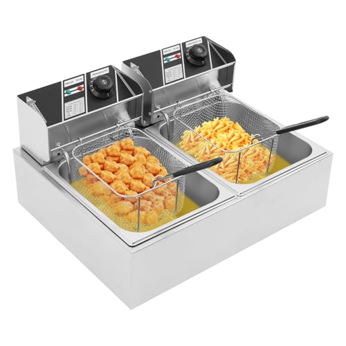 Friteuse Acier Inoxydable Double Bac, 2 Thermostats Indépendants 6L Chaque, Paniers Amovibles Compatibles Lave Vaisselle, Filtre Anti-Odeur, Protection Contre...