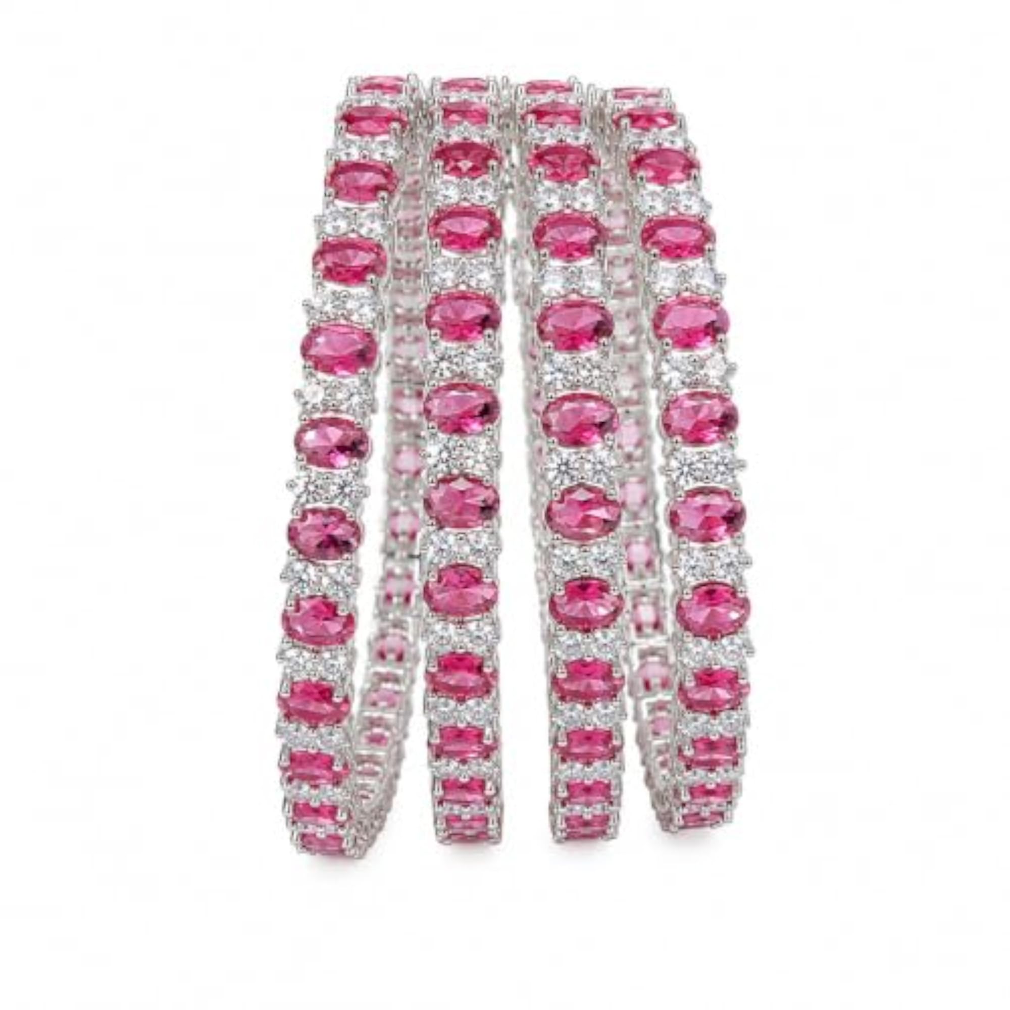 Women's Alluring American Diamond Silver Finish Pink Oval CZ Stone Bangles