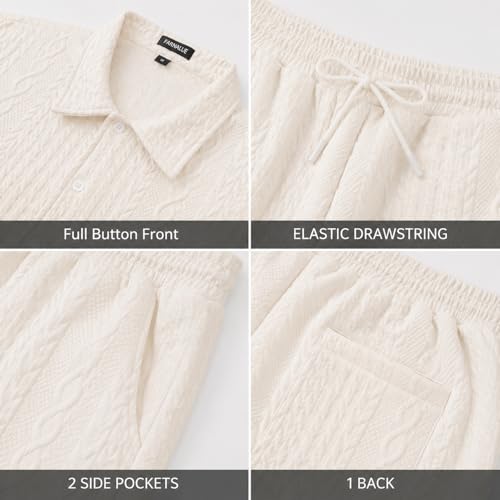 Image of FARVALUE Men Raised Texture 2 Piece Set Short Sleeve Button Down Shirt & Drawstring Pocket Shorts Summer Beach Casual Outfit