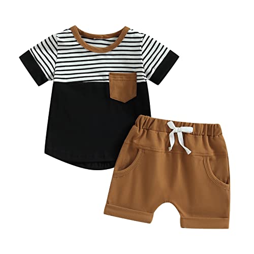 Image of Toddler Baby Boy Summer Outfit Patchwork Plaid Stripe Short Sleeve T Shirt Tops and Shorts Infant Boy Clothes
