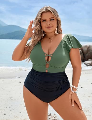 Blooming Jelly Women's Plus Size One Piece Swimsuit Tummy Control Bathing Suit Cute V Neck Maternity Swimwear2