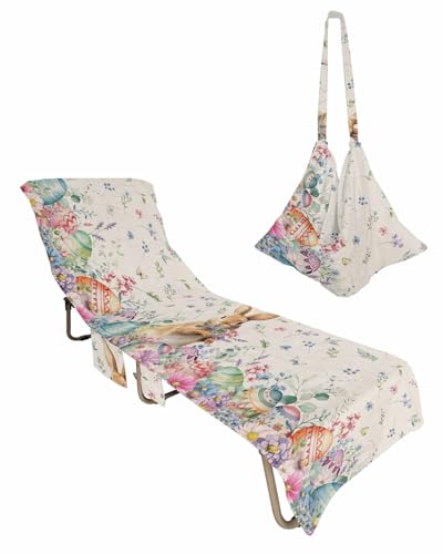 Easter Bunny Beach Lounge Chair Towel Cover, Soft Chaise Lounge Towel with Side Pockets Patio Pool Chairs Cover for Beach/Pool Sunbathing 29x85 Spring Floral Botanical Colorful Eggs Rustic