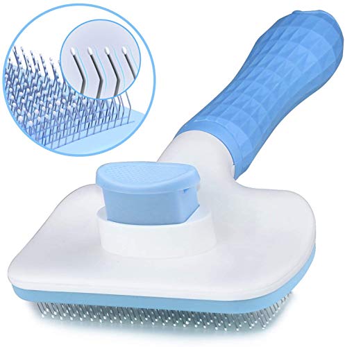 Mowelai Self Cleaning Slicker Brush for Dogs and Cats, Pet Grooming Tool, Removes Undercoat, Shedding Mats and Tangled Hair, Dander, Dirt, Massages Particle, Improves Circulation (Blue)