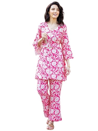 NAINVISH Cotton Blend Co-Ord Set | Women Co-ord Set | Fancy Top & Pant Set | 2 Piece Dress for Women | Floral Printed Top & Pant Set | Full Pair Set