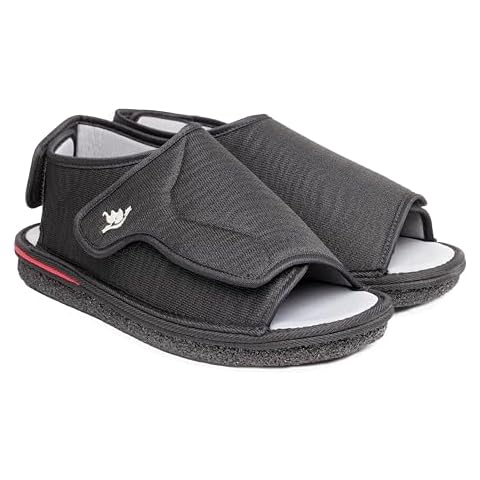 Happy Touch Men's Open Toe Foam Wide Diabetic Slippers Hook & Loop Closure Non-Slip Rubber Sole Flexible Orthotic Slippers Indoor/Outdoor Adjustable Soft Breathable, Black 12 Cover