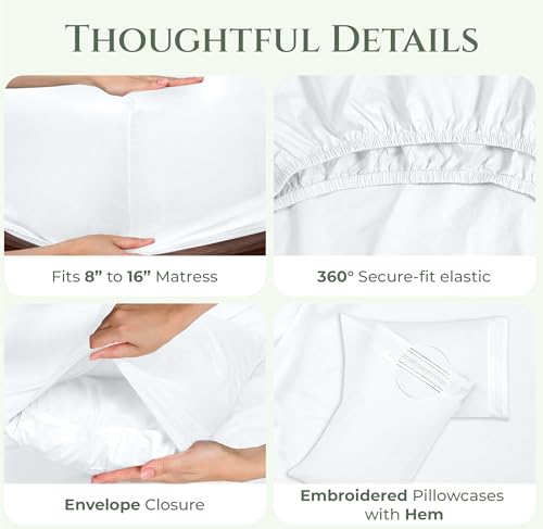 Image of ROYALE LINENS 100% Organic Cotton Full Sheet Set - 16 inch Deep Pocket Bed Sheets - Eco Friendly White Bed Sheets - Sabanas Full - 1 Flat, 1 Fitted & 2 Pillowcases - White Sheet Set - Cotton Bedding Sets