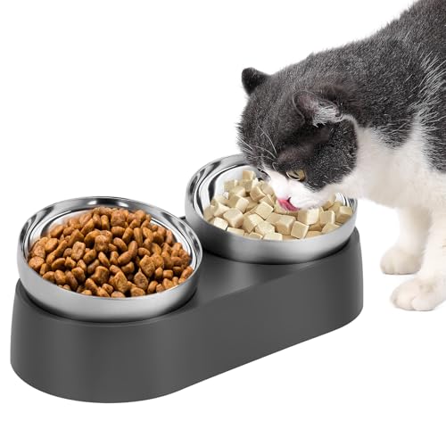 Alaoo Ciotole per Gatti, Ciotola per Gatti in Acciaio Inox, Ciotola Gatto Doppia, Inclinabile, Antiscivolo, per Gatti e Cani di Piccola Taglia