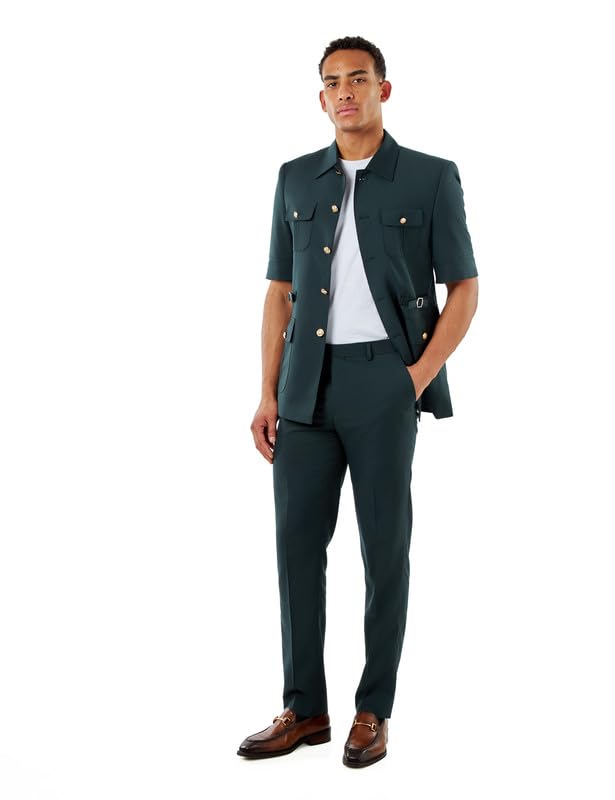 Xposed Completo da Uomo, Modello Safari, Verde Foresta Intenso, Elegante e Casual, Estivo, Composto da Due Pezzi, Giacca Militare a Maniche Corte e Pantaloni