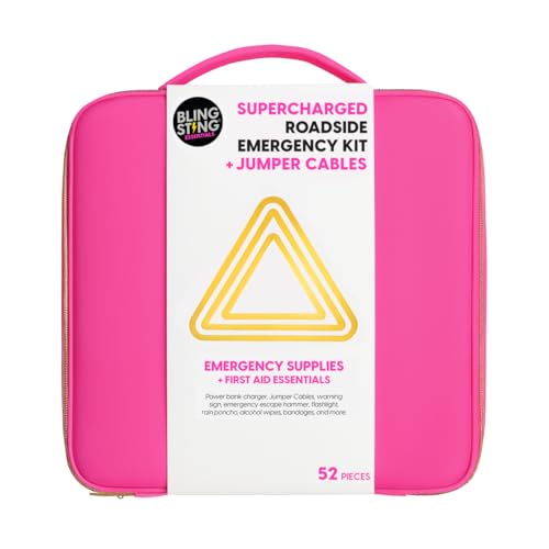Supercharged Car Emergency Kit 52-Piece Pink Roadside Safety Tools with Jumper Cables Flashlight Escape Tool & First Aid Essentials Compact Travel Case for Women New Drivers & Students