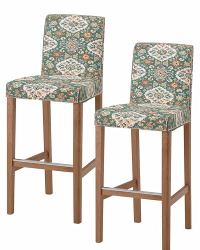 Stretch Bar Stool Chair Seat Covers Set of 2, Green Boho Removable Washable Chair Covers Stool Cover, Southwest Ethnic Abstract Flowers Aesthetic Dining Chairs Cushion Slipcovers for Kitchen Pub Cafe