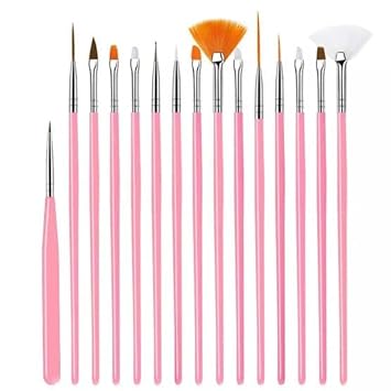 Professional Nail Art Brush Set, 15 Pieces Pink Handle Manicure and Pedicure Tools, Detailing Brushes for Painting, Dotting, Liner Design