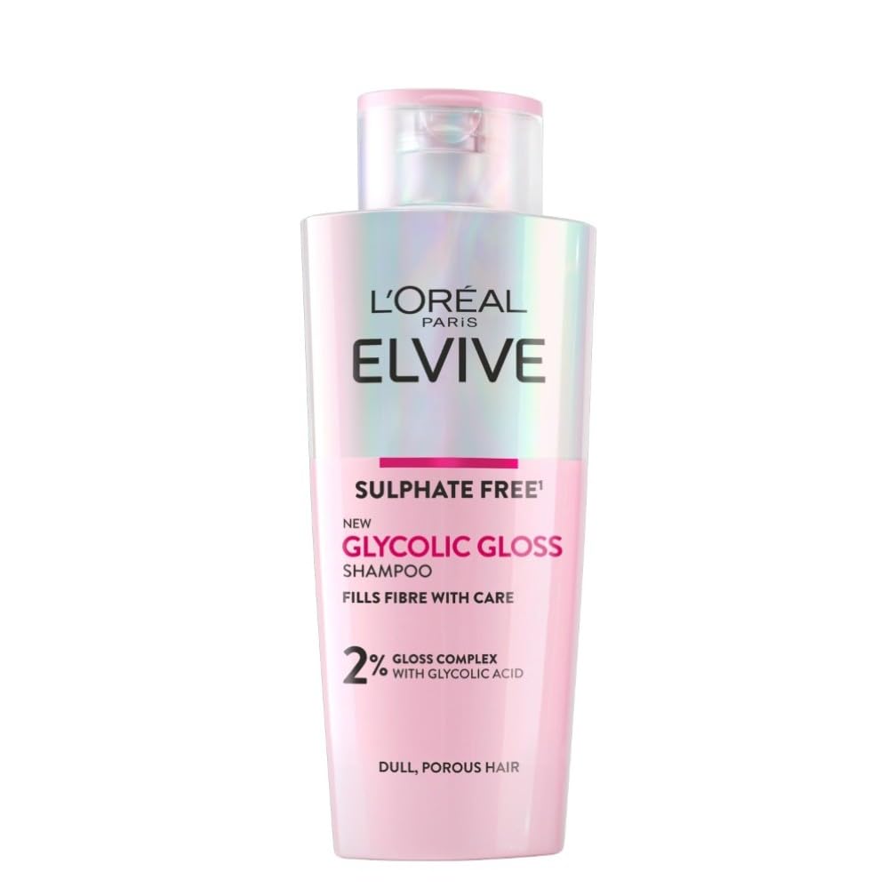 Elvive Glycolic Gloss Sulphate-Free Shampoo, with 2% Glycolic Acid Complex, Instantly Transforms Dull Hair for Shine, Smoothness & Strength, All Hair Types, 200ml