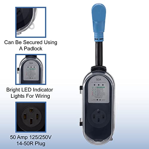RecPro RV Portable Surge Protector 50 Amp with Water Resistant Cover | Circuit Analyzer | Integrated Surge Protection (50 Amp)