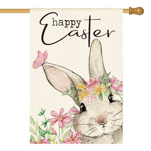 AVOIN colorlife Floral Bunny Happy Easter House Flag Outside 28x40 Inch