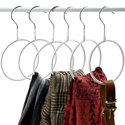 6 Pcs Circle Scarf Ring Hangers Non-Slip Belt Holder Hanger with Hook Scarf Organizers Belt Ties Hanger Rack for Tank Tops Scarves Ties Belts Wardrobe Storage Rack Closet Accessory Hangers, White