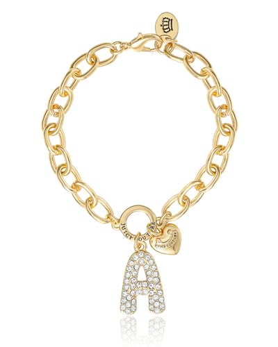 Image of Juicy Couture Charm Bracelet for Women 7.5", Gold-Tone A Initial Bracelet with Bubble Letter Charm and Clear Stones