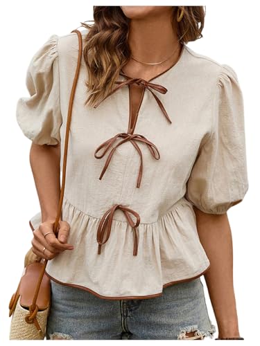 SOLY HUX Women's Bow Tie Front Tops Puff Short Sleeve Ruffle Hem Peplum Cute Blouse
