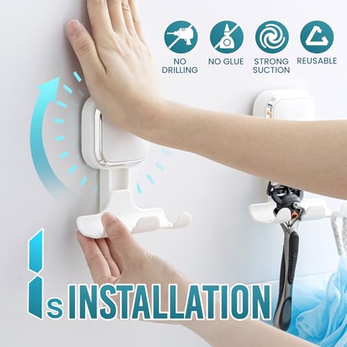 Image of TAILI Suction Cup Razor Holder for Shower Wall 2 Pack, Versatile Suction Cup Hooks for Razor, Towel, Loofah, Squeegee, Cell Phone, Removable Damage-Free Hanging Shower Hook, Shaver Holder, White