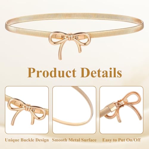 Gold Belts for Women,Stretchy Metal Waist Belt,Skinny Gold Chain Belts with Bow-Knot for Dresses Jeans,Adjustable Fashion Womens Belt4
