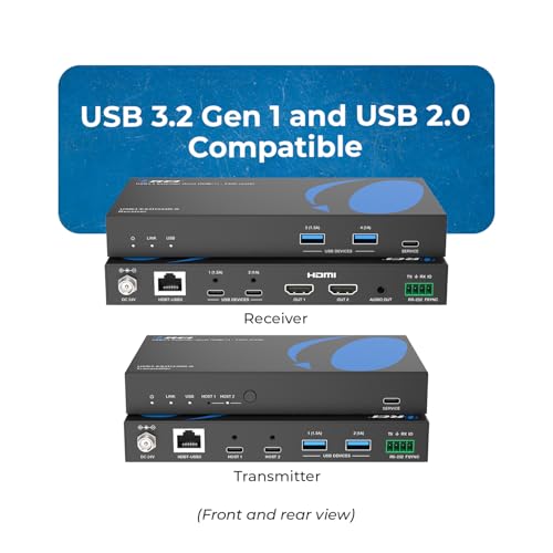 Image of OREI SplitXtend 4K Dual Monitor Over Ethernet KVM USB 3.2 Cat6 Extender LAN Upto 330 Feet - DisplayLink HDMI Dual Host Extends 2X USB-C / 2X USB-A - RS-232, PoC | USB Extender Over Ethernet, USB Extender Over CAT5 - 5Gbps, Dual HDMI 4K60, Auto /Manual Host Switching, 3.5mm Audio