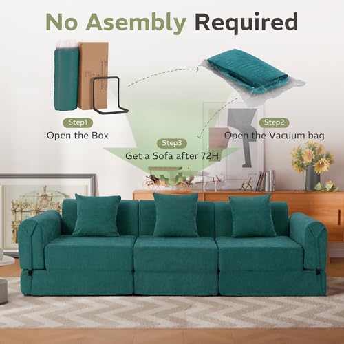 Image of 100 inch Convertible Sofa Bed, 5-in-1 Modular Sectional Cloud Couch with Fixed-Shape Frame & Storage Pocket, No Assembly Required Boneless Sleeper Sofa for Living Room, Chenille Green