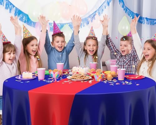 Image of Remagr 3 Pcs Round Plastic Tablecloth 84 Inch Disposable Tablecloth Party Table Cover for Graduation Wedding Birthday Retirement Decoration (Blue,Red)