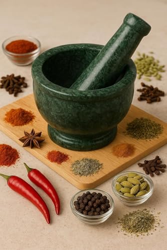 Image of BR & Sons Premium Green Marble Mortar and Pestle Set 6 Inch | Traditional Imam Dasta Kundi Kharal Okhli | Heavy Duty Spice Grinder for Kitchen
