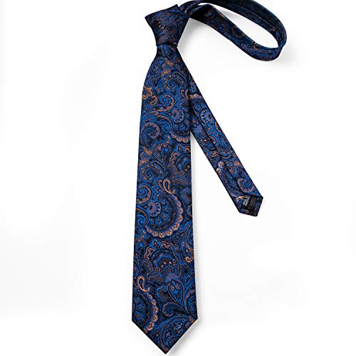 Dibangu Men's Formal Navy Blue And Gold Paisley Tie Pocket Square Cufflinks Set Floral Necktie Set For Business #TOP3