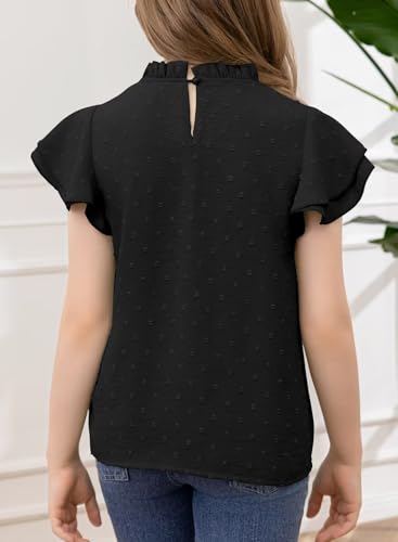 Image of DOKOTOO KIDS Girls Tops Short Sleeve Shirts Summer Blouse Size 6-15 Years | None Elastic Fabric, Ruffle Sleeve, Swiss Polka Dot, Smocked, Crew Neck, Key Hole Back, Dress Spring Outfit, Casual Tee