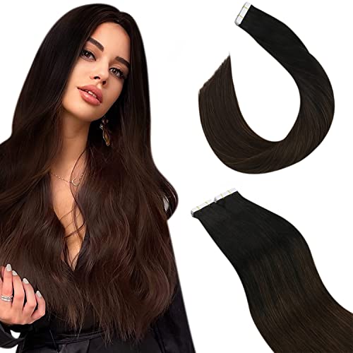 Ugeat Tape in Hair Extensions 20 Inch Double Side Hair Extensions Tape in Balayage Off Black with Dark Brown Hair Extensions Real Human Hair #1B/4 50 Grams