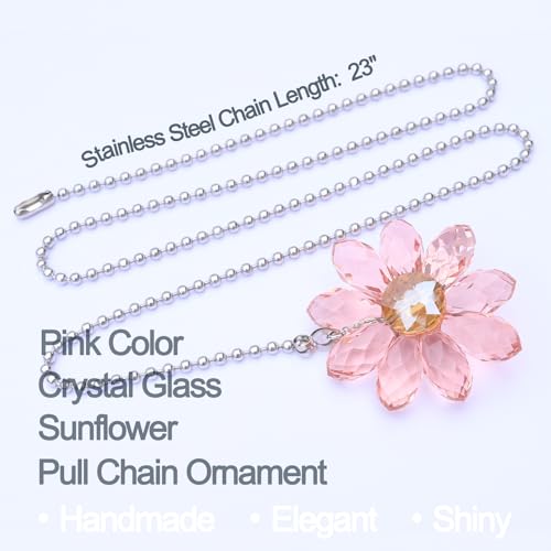 Image of LEFERS Ceiling Fan Pull Chain, 2 Pieces 1.8 inch Crystal Glass Flower Pendants with 24 inch Ceiling Fan Chain Extender and Connector (Pink)