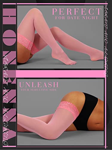 Image of HONENNA Semi Sheer Stay Up Lingerie Thigh High Stockings Lace Top Size A-F