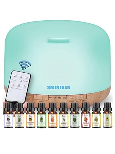 Sminiker Diffuser 500ML Essential Oil Diffuser Adjustable Mist Mode and Waterless Auto Shut-Off with Wireless Remote, 7 LED Light Colors Diffusers for Home