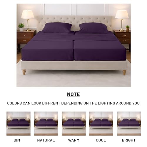 Image of SGI Split King Sheet Set for Adjustable Bed Egyptian Premium Cotton 600 Thread Count Sheets for Sleep Number Bed 15 inch Deep Pocket 5 Pc Set with 2 Twin XL Fitted Sheets Soft Breathable -Plum