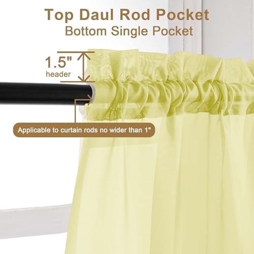 Image of Chyhomenyc Sheer Valances for Windows, Light Filtering Small Window Curtains for Living Room Bathroom Cafe Laundry Basement, Modern Top Dual Rod Pocket Voile Curtain, 42Wx14L inches, Lemon, 2 Pieces