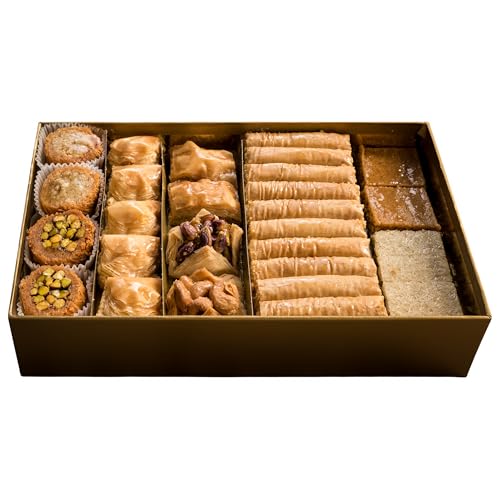 Shatila Food Products Large Elegant Gold Box Baklawa, Assorted Baklava Pastry Gift, Mediterranean Sweets Arabic Desserts, 56-Pieces